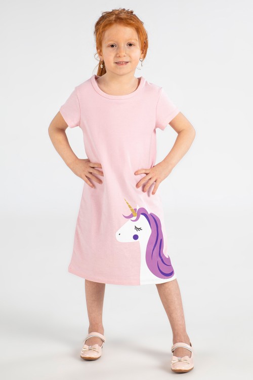 Unicorn Pembe Kız Çocuk Elbise ZN-SS-139